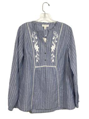 Vintage America Striped Floral Embroidered Cotton Blouse Peasant Top Blue Sz M